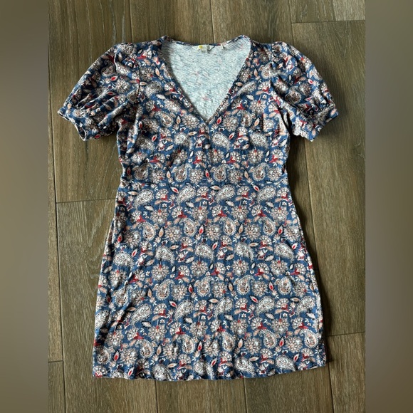 Boden Blue Paisley 100% cotton V neck short shift dress sz 14R - Picture 3 of 12